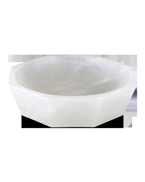 Luminous white octagonal Waystone Bowl made of natural alabaster with smooth carved edges