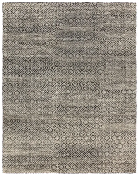 Hand-knotted Akello rug with distressed black, cream, and gray tile pattern in modern bohemian style
