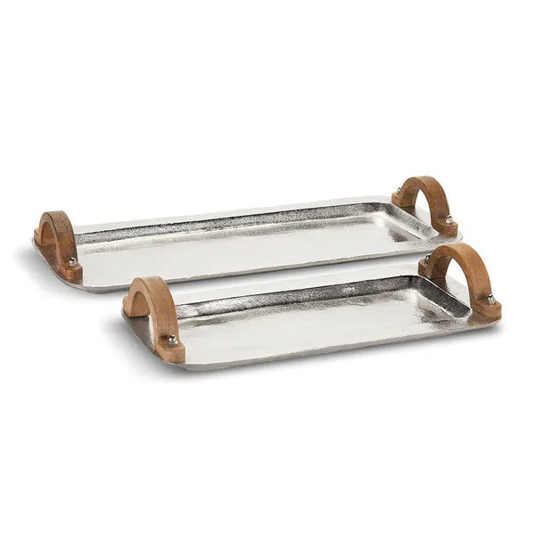 Set of two narrow silver trays with hammered texture and curved wooden handles, different sizes