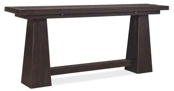 Burnt Timber finish Driftwood Flip-Top Console Table with expandable top and double pedestal solid oak base