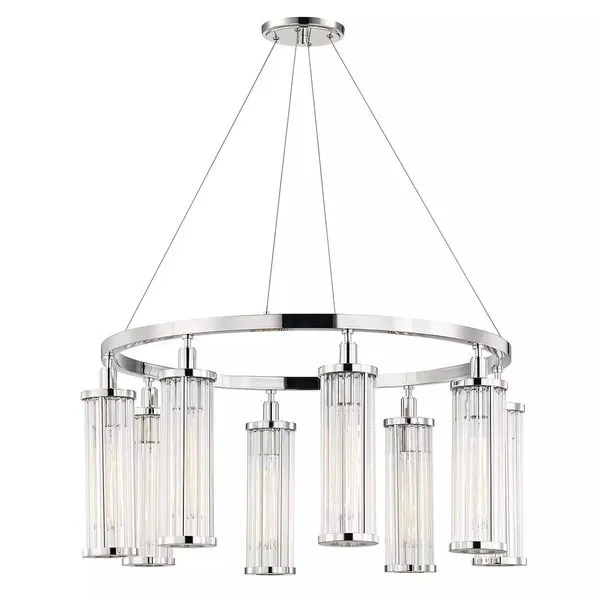 Marley 8 Light Pendant with brushed nickel finish and clear cylindrical glass shades hanging from thin wires in a circular...