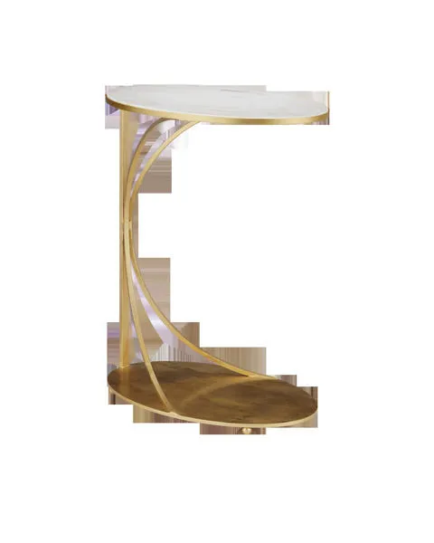 Gold cantilever Orla C Table with oval white marble top and oval gold base with tiny ball feet