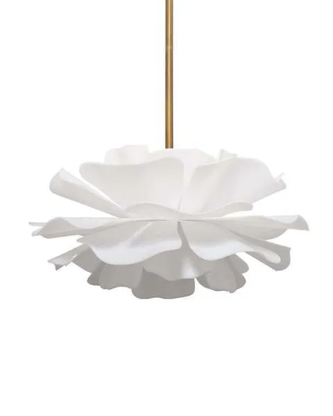 Zinnia Chandelier with large frosted white acrylic petals and antiqued brass hardware pendant light