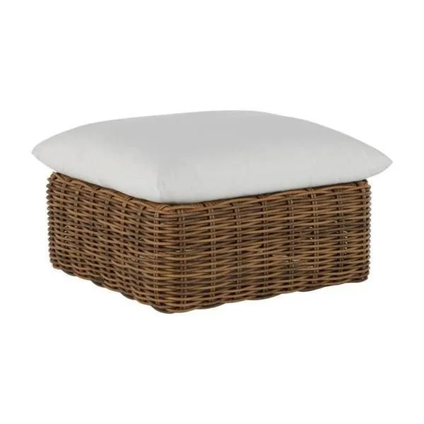 Montecito Woven Ottoman with natural brown wicker base and thick white cushioned top