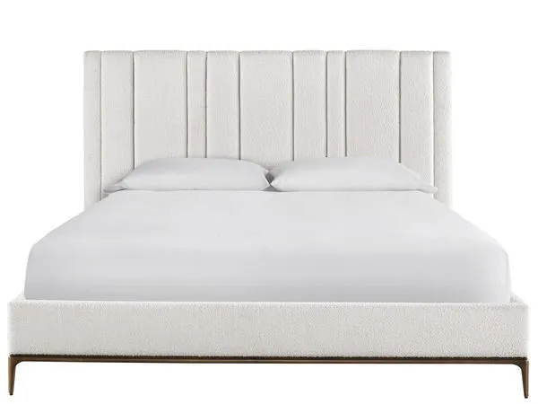 Plush Summerland Bed with vertical channeling in cream upholstery and slender bronze legs