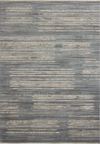 Abstract modern area rug with distressed linear patterns in saturated earth tones and fringed edges