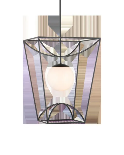Rochefort Medium Lantern outdoor pendant with black powder-coated frame and milky white glass globe center