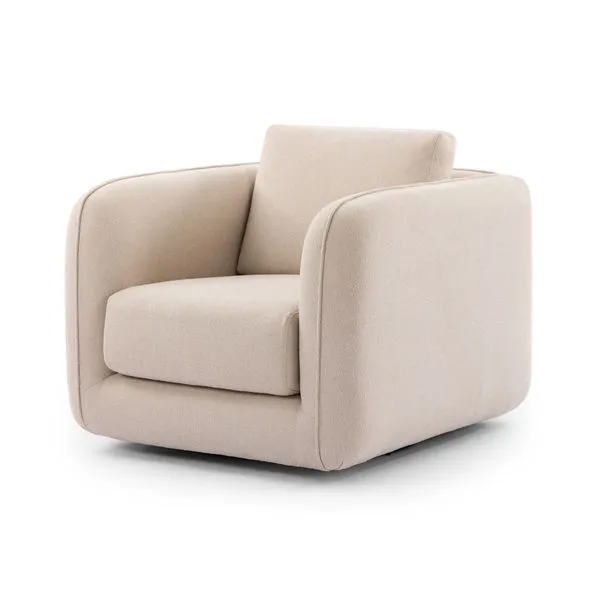 Malakai Cream Fabric Swivel Chair with plush cushions and rounded armrests in cream upholstery