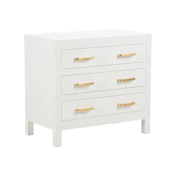 Crisp white raffia wrapped chest with three drawers and gold leaf rectangular handles