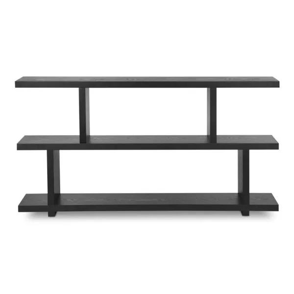 Black ash veneer Miri Small Shelf with three open shelves and vertical dividers in Mid-Century Modern style