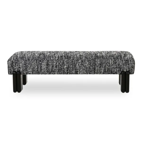 Priya bench with textured black and white boucle yarn upholstery and high-gloss black double-leg iron columns