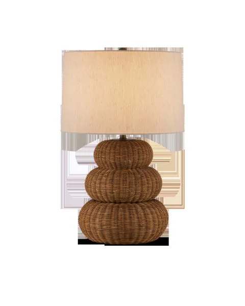 Mabrouka Table Lamp with triple-gourd rattan base in dark brown and large beige drum shade