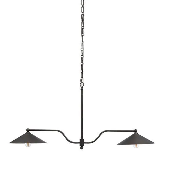 Linear dark bronze iron chandelier with two wide conical shades and exposed bulbs hanging from chain