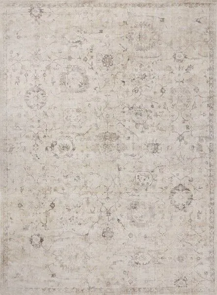 Marcella Beige Taupe Rug with traditional, tonal floral motifs in soft beige and taupe hues, showing gentle distressing