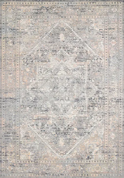 Lucia Grey / Sunset Rug with vintage-inspired intricate pattern in soft grey, beige, and faded peach tones