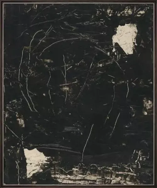 Abstract dark painting titled Midnight I with textured black surface and scattered white and beige markings in a sleek frame