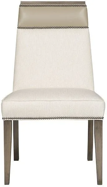 Phelps Dining Side Chair in light beige Kidders Porcelain fabric with high back and dark wood legs, nailhead trim accenting