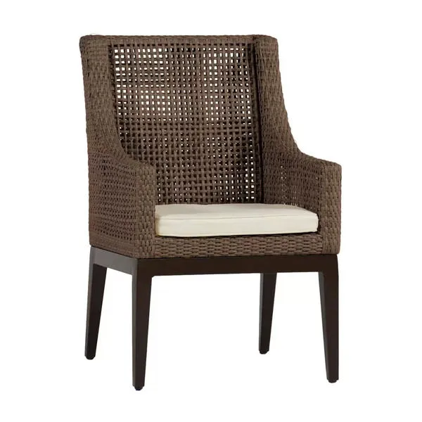 Peninsula Mahogany Woven Arm Chair in dark brown resin wicker with beige seat cushion and solid wood legs