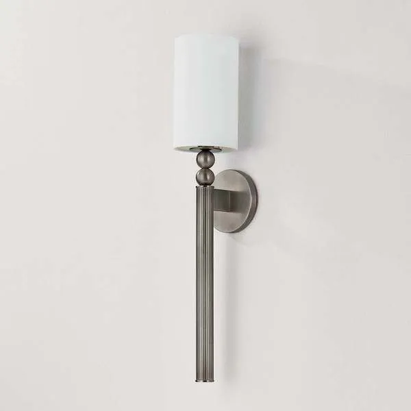 Lakeport Wall Sconce with slender vertically fluted metal body, stacked decorative spheres, and cylindrical white shade in...