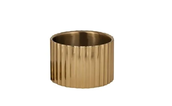 Gold Steel Ice Bucket with vertical ridged pattern and metallic double-wall design