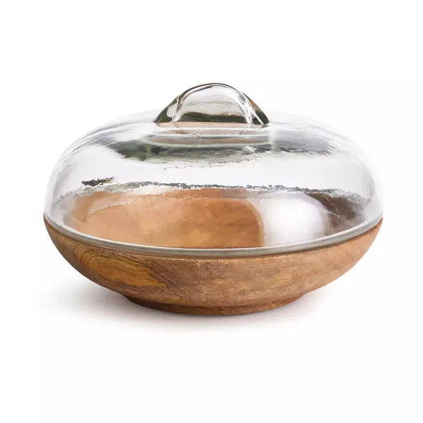 Round Adrien bowl with natural wood base and clear glass cloche with simple handle on top