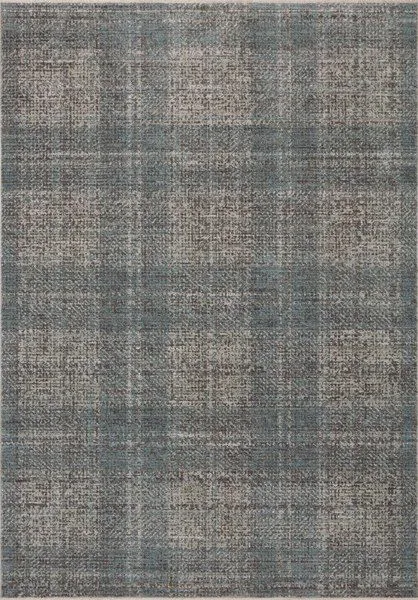 Charcoal flatweave area rug with a modern plaid pattern featuring blue, gray, and dark brown hues