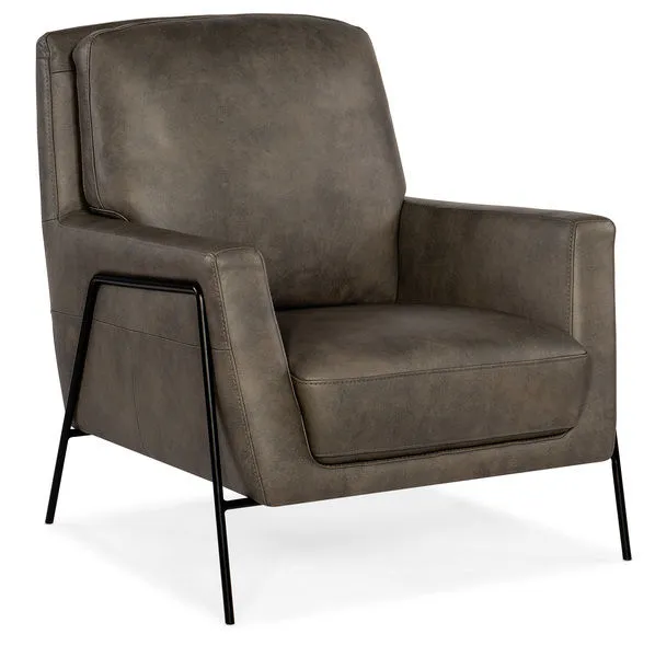 Amette Metal Frame Club Chair with black slim metal frame and plush earthy brown leather seat and back cushions