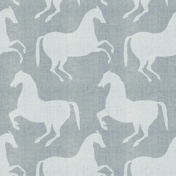 Pewter blue matte wallpaper with a repeating pattern of large, light gray prancing horses on textured surface