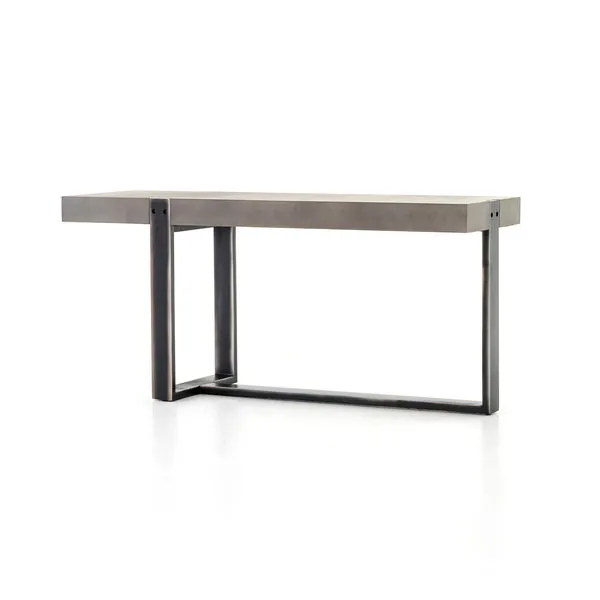 Mercury Console table with grey concrete top, rubbed edges, industrial rivets, on dark iron base with rectangular legs