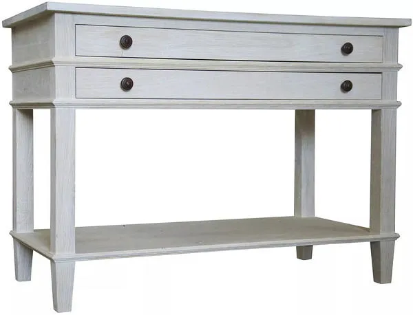 Reclaimed 2 Drawer Washed Oak Nightstand with rectangular top, two evenly sized drawers with round dark knobs, and open bo...