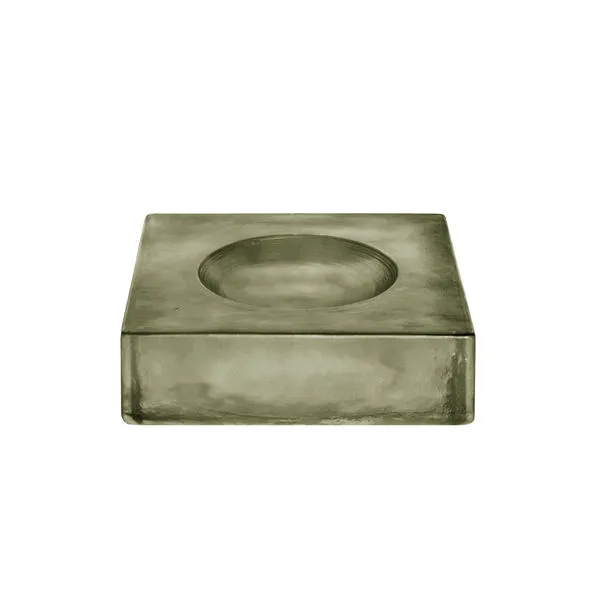 Square thick cast glass catchall with shallow concave center and textured vintage style in smoky green hue