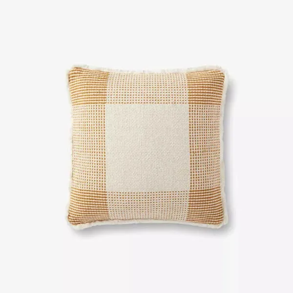 Square throw pillow with natural and gold woven plaid pattern featuring geometric design and fringe edges