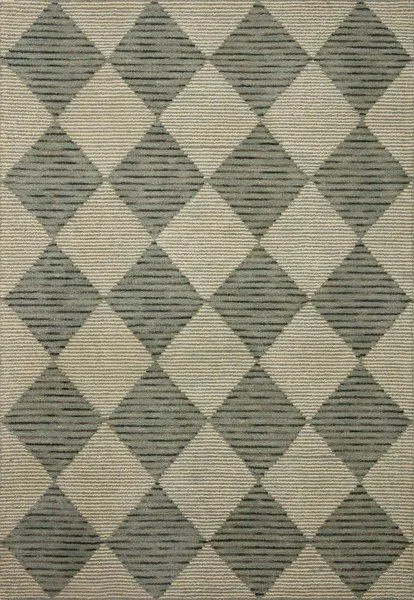 Francis Spa granite rug with hooked wool texture, diamond and grid pattern in muted green and beige