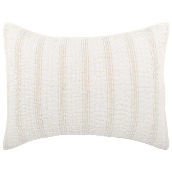 Rectangular eggshell beige cotton linen sham with hand-quilted two-tone striped texture