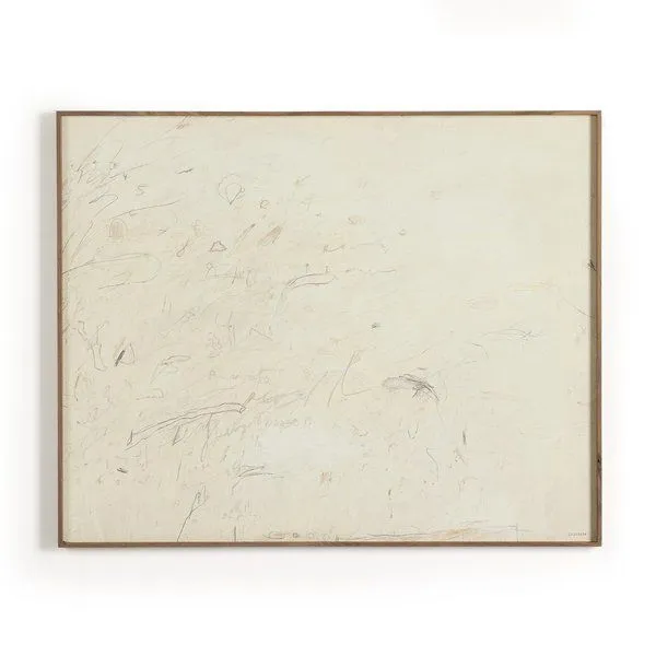 Abstract-expressionist painting with off-white background, textured marks, and organic lines framed in wood