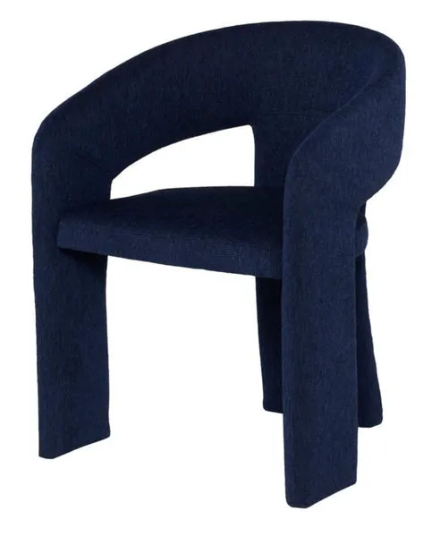 Side angle showing curved armrest and seat of the True Blue Anise Dining Chair