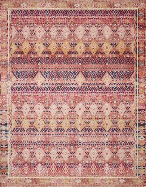 Layla Magenta Multi Rug with vintage geometric diamond patterns in magenta, yellow, navy, and subtle patina