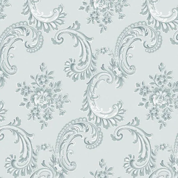 Rachel Ashwell Boudoir Beauty wallpaper with soft blue floral and scroll pattern on a light background