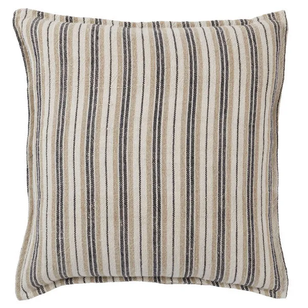 Square throw pillow with vertical dark brown and cream stripes made of textured linen fabric