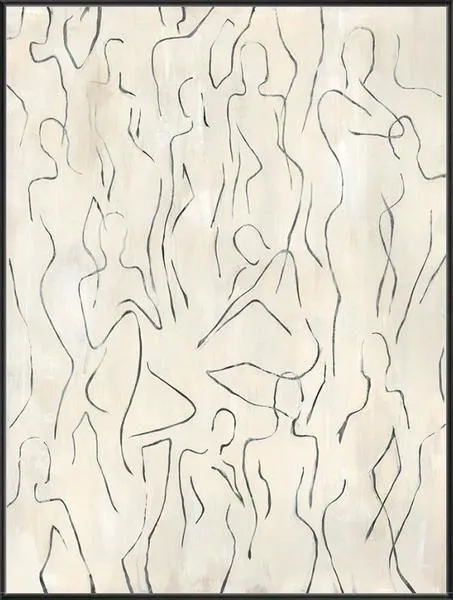 Abstract painting with minimalist black fluid lines on light background forming dynamic human figures in motion