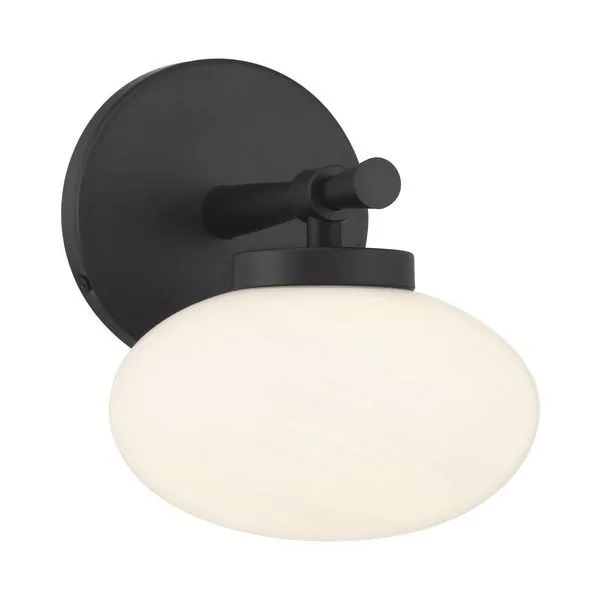Barrow 1-Light Wall Sconce with oval swirling strie glass shade and black round backplate