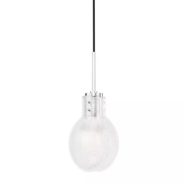 Jenna 1 Light Pendant with clear textured glass globe and steel mounting on a black cord
