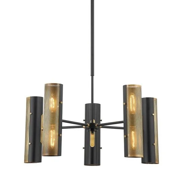 Mikka Patina Brass 10-Light Chandelier with cylindrical two-tone perforated brass and black shades arranged symmetrically ...