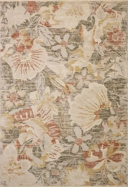 Botanical design area rug with large floral motifs in natural tones of beige, green, yellow, and rust
