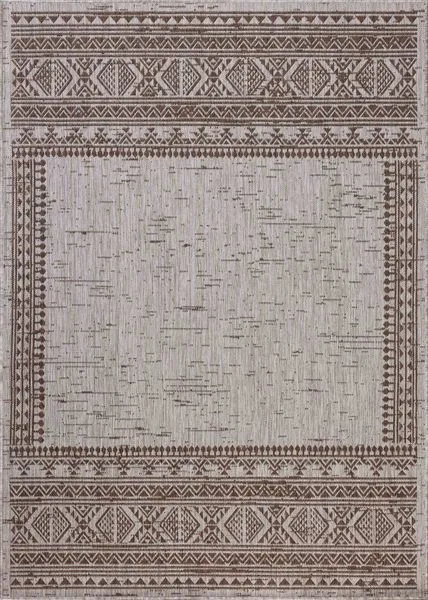 Easton Coffee / Dove indoor/outdoor reversible rug with light beige center and dark brown geometric border pattern