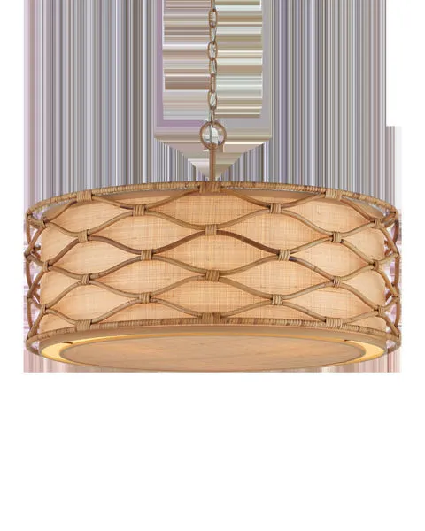 Partita Pendant with woven rattan lattice and grasscloth diffuser softly illuminated from below and sides