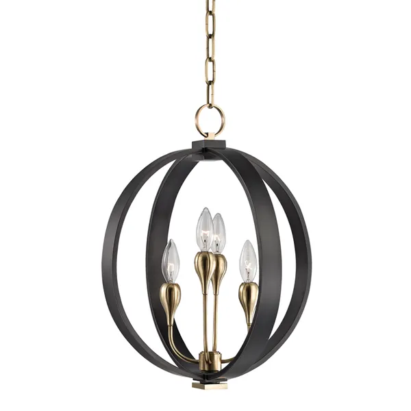 Round chandelier with four candelabra bulbs on aged brass crocus-like arms inside an old bronze circular frame suspended b...