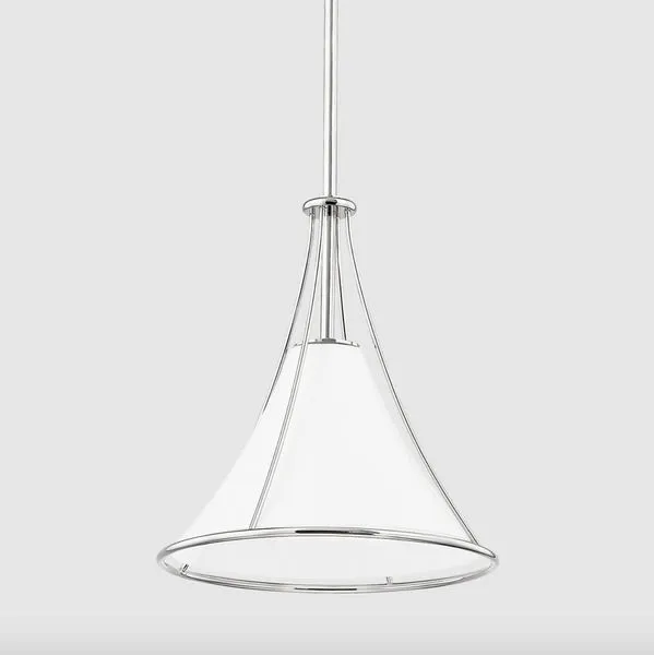small pendant light with clear conical glass shade and polished chrome finish steel frame and stem