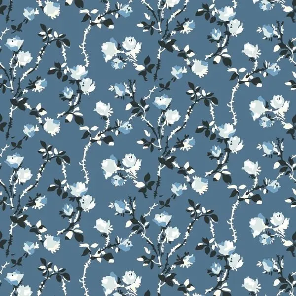 Blue wallpaper with white rose flowers and dark thorny branches pattern in a flowing design