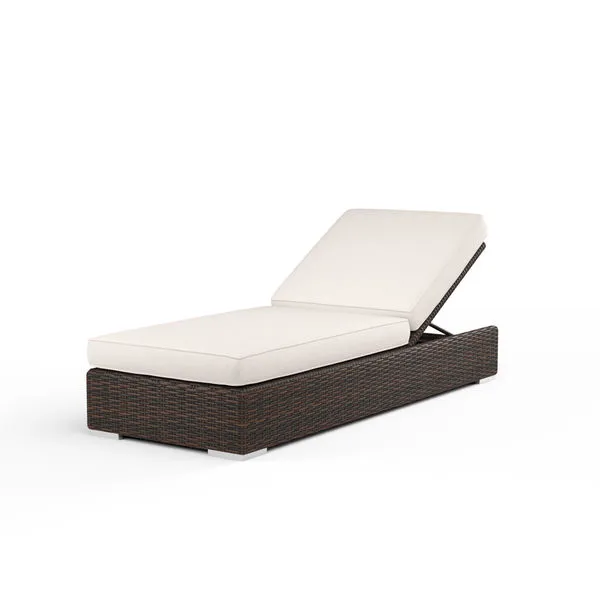 Montecito Adjustable Chaise with rich Cognac multi-colored resin wicker and white cushions, adjustable backrest reclined